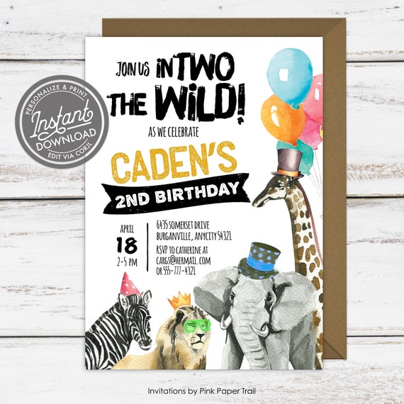 EDITABLE Two Wild Cute Jungle Animals Zebra Lion Elephant Giraffe Birthday Invite, Jungle Safari Birthday Invite Template Printable Digital Il_570xn
