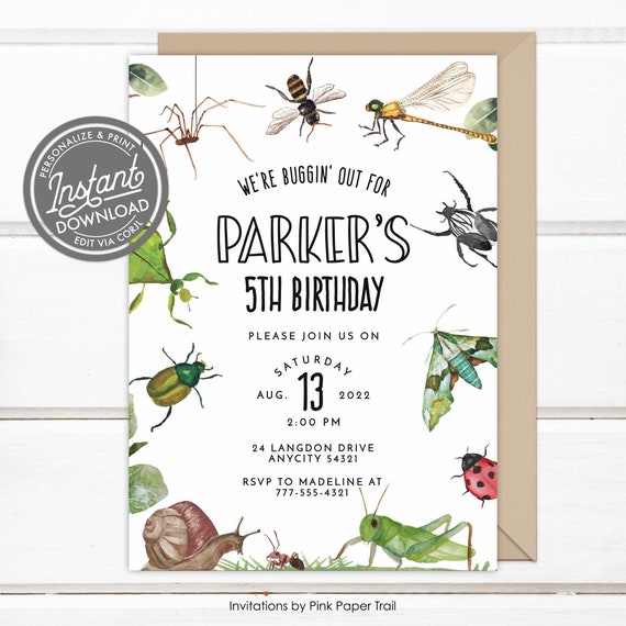 EDITABLE Bugs Birthday Invitation, Outdoor Nature Exploration Bugs Scavenger Hunt Minimalist Bugs and Insects Party Invite Corjl Template Il_570xn