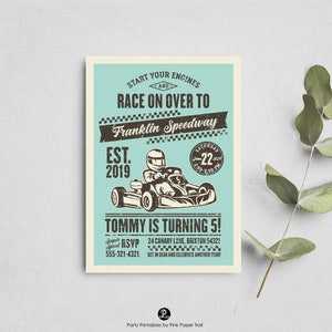 May include: A blue and white invitation for a 5th birthday party with a vintage race car theme. The invitation says "Start your engines and race on over to Franklin Speedway, est. 2019. Tommy is turning 5!" with a cartoon race car driver in a go-kart. The invitation includes the date and time of the party, RSVP information, and the address.
