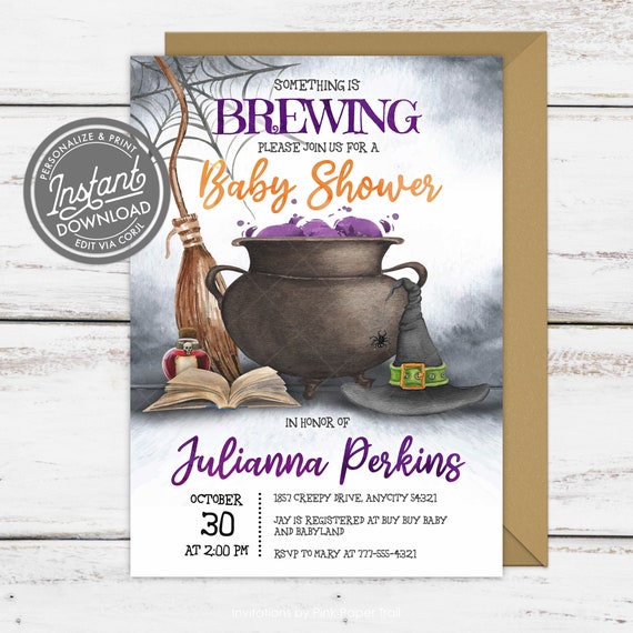EDITABLE Halloween Baby Shower Invitation, A Baby is Brewing Baby Shower Invite, Witch Baby Shower, Broom, Cauldron Corjl Template Il_570xn
