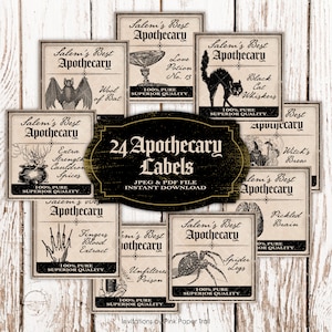 Halloween Potion Label Digital Download, 24 Different Vintage Style Apothecary Labels, Witch Potions, Halloween Clipart Instant Download
