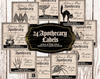 May include: A collection of 24 apothecary labels with vintage designs. Each label features illustrations of bats, cats, spiders, and other spooky elements. The labels are in a beige and black color scheme, perfect for Halloween or themed crafts.