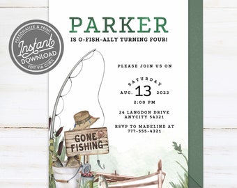 EDITABLE Fishing Birthday Invitation Template, O-fish-ally The Big ONE, Gone Fishing Party Invite Template Instant Access Corjl