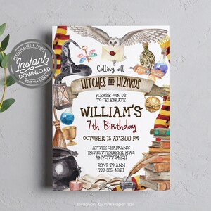 May include: A watercolor-style invitation for a 7th birthday party with a Harry Potter theme. The invitation features a witch's hat, a golden snitch, a book, a potion bottle, a broom, and an owl. The text reads "Calling all Witches and Wizards" and "William's 7th Birthday".