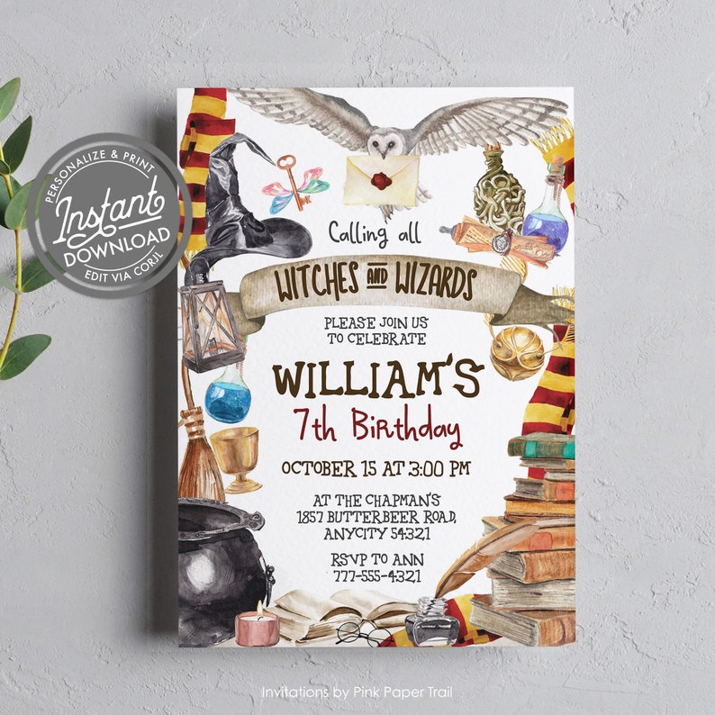 May include: A watercolor-style invitation for a 7th birthday party with a Harry Potter theme. The invitation features a witch's hat, a golden snitch, a book, a potion bottle, a broom, and an owl. The text reads "Calling all Witches and Wizards" and "William's 7th Birthday".