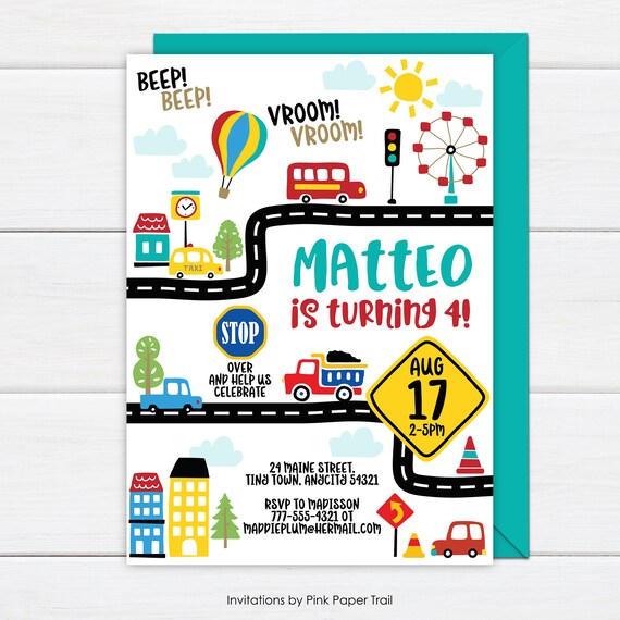 Cars Trucks Buses Transportation Birthday Invitation, Vehicle City Traffic Transportation Party Personalized Digital Printable Invite Il_570xn