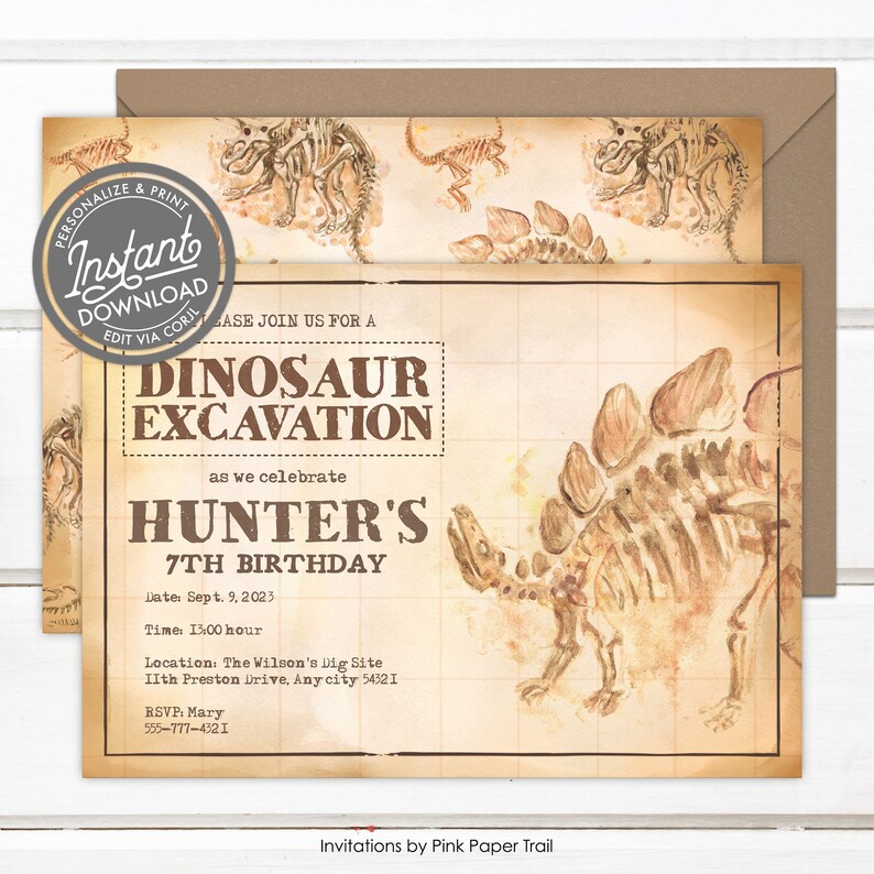 May include: A vintage-style invitation for a dinosaur-themed birthday party. The design features watercolor illustrations of dinosaur skeletons and a map-like background. The text reads "Dinosaur Excavation" and includes party details like the date, time, and location.