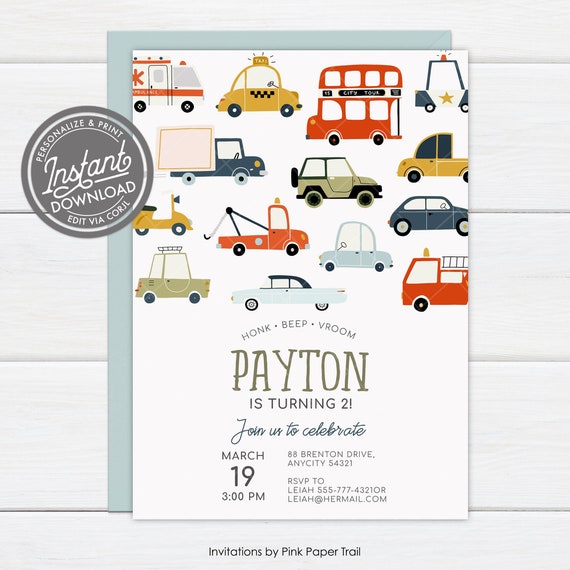 EDITABLE Transportation Birthday Invitation, Honk Beep Vroom Birthday Invite, Truck and Cars Birthday Invite Instant Access Print Your Own Il_570xn