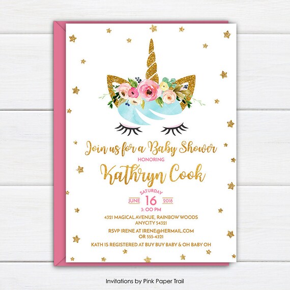 Unicorn Invitation, Gold Glitter and Pink Unicorn Baby Shower Party Invitation, Unicorn Girl Baby Shower Party Printable Invitation Il_570xn