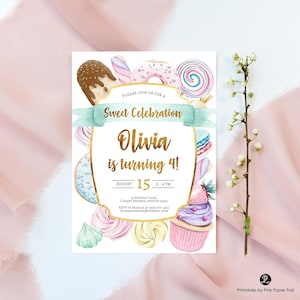 EDITABLE Sweets Birthday Party Invitation Pastels and Gold Donut Candies Dessert Sweet Birthday Instant Access Download Invitation