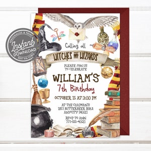 May include: A Harry Potter themed birthday invitation featuring a watercolour illustration of a wizard's hat, owl, books, and other magical objects. The invitation is for William's 7th birthday party, to be held on 15th October at 3:00 PM at The Chapman's, 1857 Butterbeer Road, Anycity 54321. RSVP to Ann at 777-555-4321.