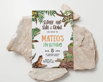 May include: A reptile-themed birthday party invitation with the text "Slither Hop Slide & Crawl" and "Mateo's 7th Birthday." The invitation features illustrations of reptiles and foliage, with the date August 13th and RSVP information.