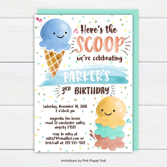 Ice Cream Birthday Invitation, Ice Cream Social, Here's the Scoop Boy Blue Ice Cream Birthday Printable Party Invite Il_570xn