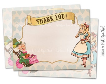 May include: Alice in Wonderland themed thank you cards. The cards feature illustrations of Alice, the Mad Hatter, and the Cheshire Cat. The words "THANK YOU!" are displayed on a banner. The background has a light blue pattern with card suit symbols.