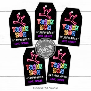 EDITABLE Neon Jump Trampoline Birthday Party Thank You Tag