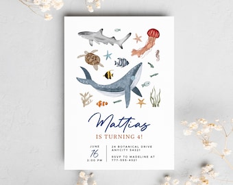 Editable Under the Sea Birthday Invite, Marine Ocean Sea Animals Party Invitation Template, Whale, Shark, Nautical Birthday Invite Digital