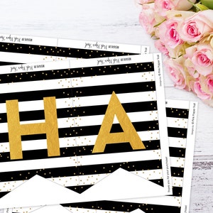 Black and White Stripes, Gold Glitter, Pink Floral Happy Birthday Banner, Instant Download, Print Your Own image 1