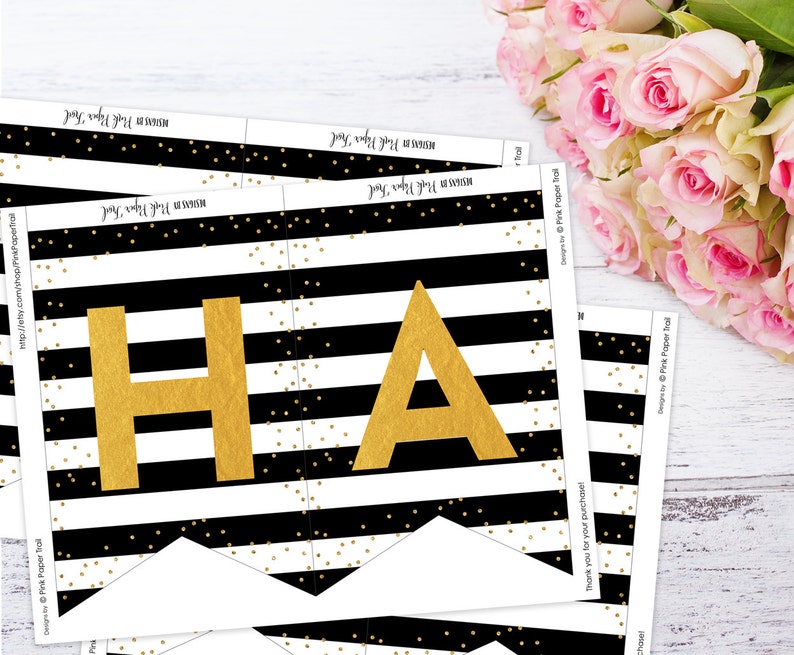 Black and White Stripes, Gold Glitter, Pink Floral Happy Birthday Banner, Instant Download, Print Your Own image 1