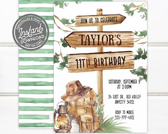 Adventure Nature Trail Hiking Birthday Invitation Nature Park Camping Great Outdoors Exploration Birthday Party Editable Template
