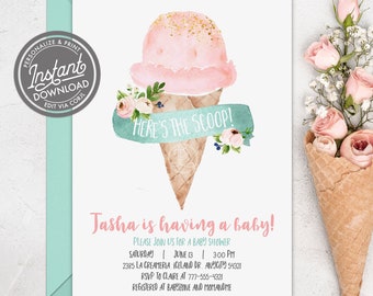 EDITABLE Ice Cream Baby Shower Invitation, Here's the Scoop Girl Baby Shower Ice Cream Invitation, Instant Access Download