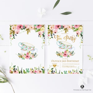 EDITABLE Tea Party Invitation, Tea Party Birthday Invite, Floral High Tea Party, Floral and Gold Tea Party Template Any Age Printable Invite