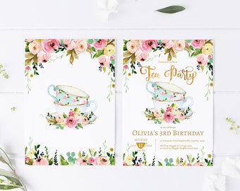 EDITABLE Tea Party Invitation, Tea Party Birthday Invite, Floral High Tea Party, Floral and Gold Tea Party Template Any Age Printable Invite