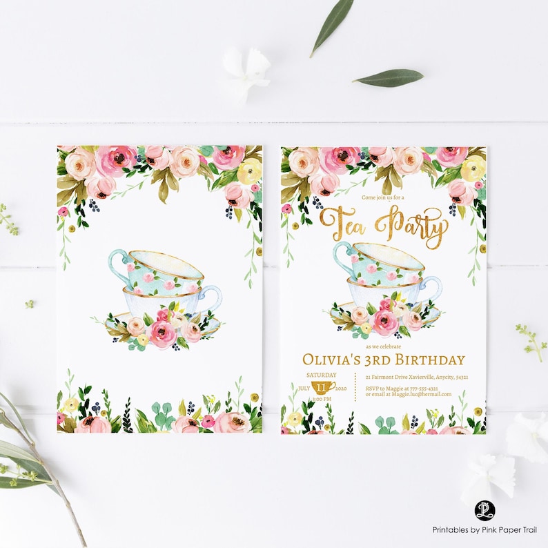 EDITABLE Tea Party Invitation, Tea Party Birthday Invite, Floral High Tea Party, Floral and Gold Tea Party Template Any Age Printable Invite Bild 1