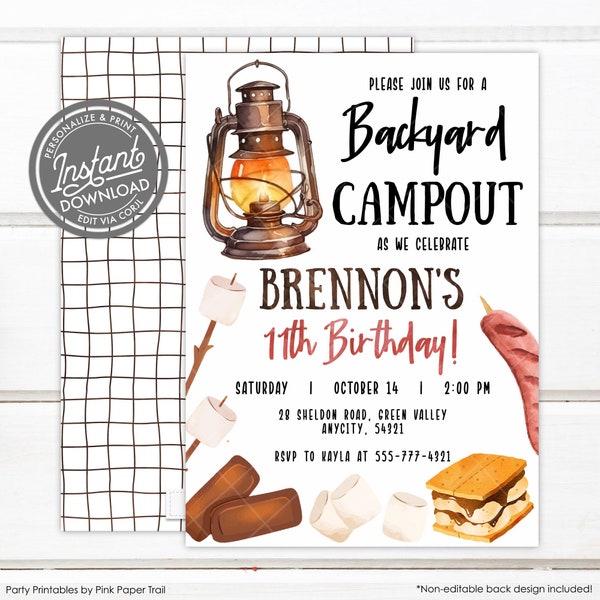 Editable Campout Birthday Invitation, Backyard Camping S'mores Sleepover Slumber Party Boy's Birthday Invite Instant Access Template