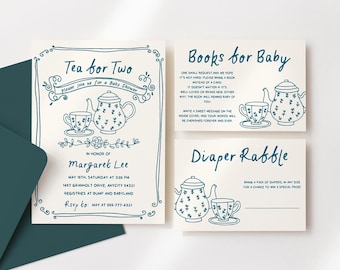 Hand Drawn Tea Party Doodle Baby Shower Invitation Editable Template, Whimsical Quirky Tea Party Drawing Baby Shower Party Invite Download