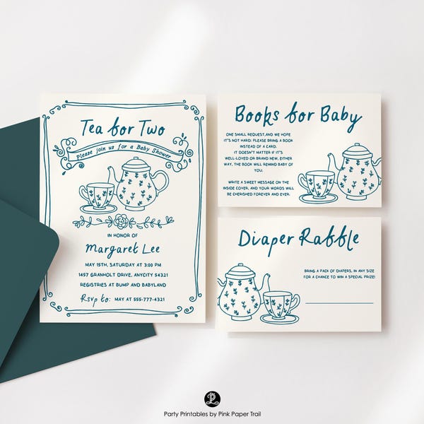 Hand Drawn Tea Party Doodle Baby Shower Invitation Editable Template, Whimsical Quirky Tea Party Drawing Baby Shower Party Invite Download