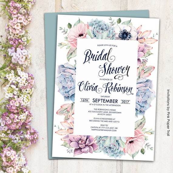 Succulents Bridal Shower Invitation, Sweet Dainty Floral Boho Chic Succulents Protea Anemone Rustic Printable Weding Shower Invitation Il_570xn