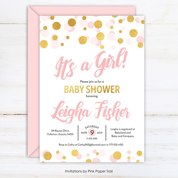 Girl Baby Shower Invitation, It's a Girl Polka Dots Pink and Gold Baby Shower Invitation, Printable Personalized Baby Shower Party Invite Il_570xn