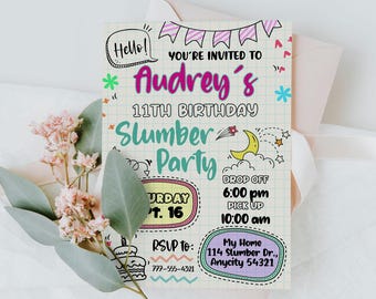 EDITABLE Sleepover Birthday Invitation, Girl Pajama Party, Slumber Party Girl Birthday, Doodle Scribble Birthday Invite, Instant Access