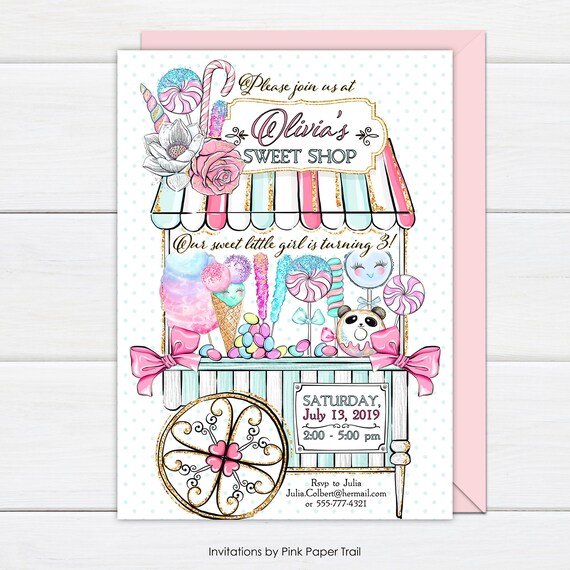 Sweet Shop Birthday Invitation, Sweet Shop Candy Shop, Cotton Candy, Ice Cream Sweets Birthday Party Personalized Printable Invitation Il_570xn