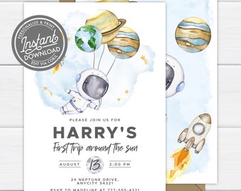 Editable Astronaut Outerspace Space Rocket and Planets Birthday Invitation, Outerspace Birthday Invite, Out of This World Galaxy Invite