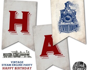 Steam Engine Party, Vintage Train, Happy Birthday Banner, Instant Download, Print Your Own