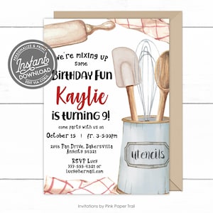 May include: A birthday party invitation with a watercolor illustration of kitchen utensils in a blue and white container. The text reads "We're mixing up some birthday fun Kaylie is turning 9!" with the date and time of the party, address, and RSVP information.