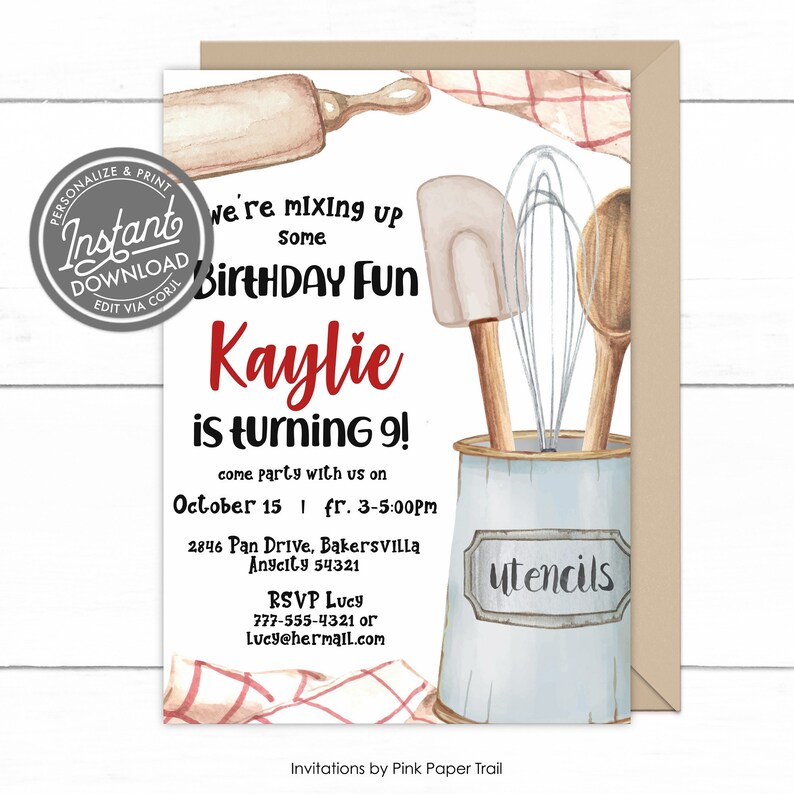 May include: A birthday party invitation with a watercolor illustration of kitchen utensils in a blue and white container. The text reads "We're mixing up some birthday fun Kaylie is turning 9!" with the date and time of the party, address, and RSVP information.