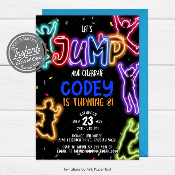 EDITABLE Jump Trampoline Birthday Party Invitation, Boy Bounce Jumping Neon Birthday Invite Kids Birthday Pirate Party Printable Invite v.3 Il_570xn