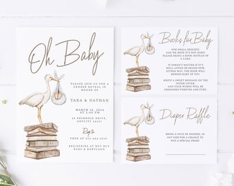 Stork and Story Books Themed Baby Shower Invitation Template, Stork Baby Shower Invite with Books with Baby and Diaper Raffle Card