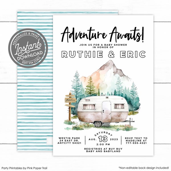 Editable Adventure Awaits Baby Shower Invitation Happy Camper Invitation Camping Adventure Baby Shower Party Invite Instant Access Template
