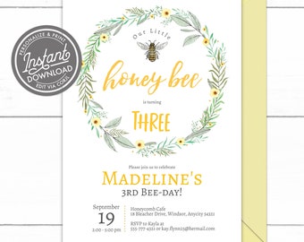 EDITABLE Bee Birthday Invitation, Any Age Bee Birthday Honey Bumble Bee Invitation Instant Access Print Your Own