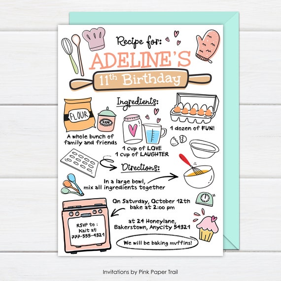 Baking Birthday Party Invitation, Recipe Style Baking Party Invite, Baking Cooking Tools Oven Personalized Printable Birthday Invite Il_570xn