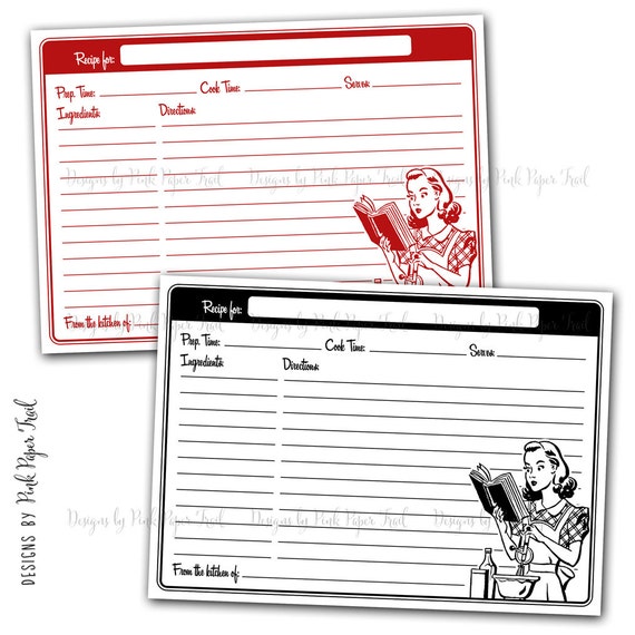 Retro Recipe Card Template, Instant Download, Black and Red, Instant Download, Print Your Own Il_570xn