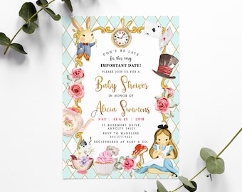 Editable Alice in Wonderland Baby Shower Invitation Template Mad Hatter Wonderland Tea Party Baby Shower Invite Instant Access Download
