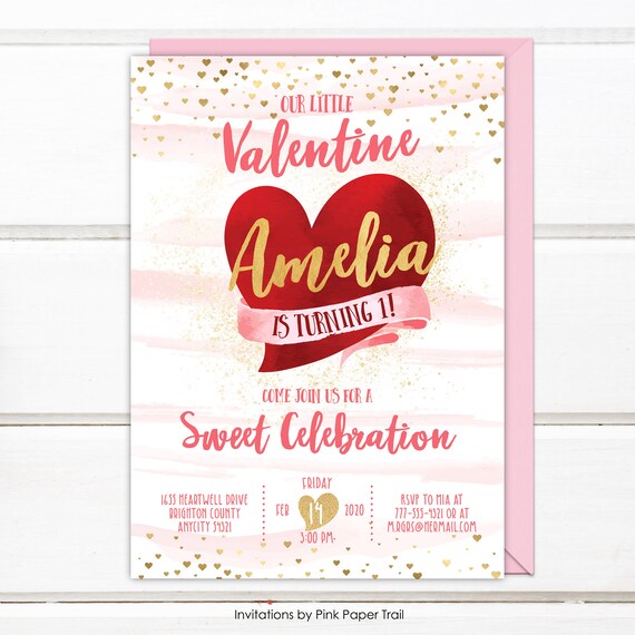 Heart Birthday Invitation, Sweetheart Valentines Birthday Invitation, Pink Red Gold Heart Birthday Invite, Personalized Digital Printable Il_570xn