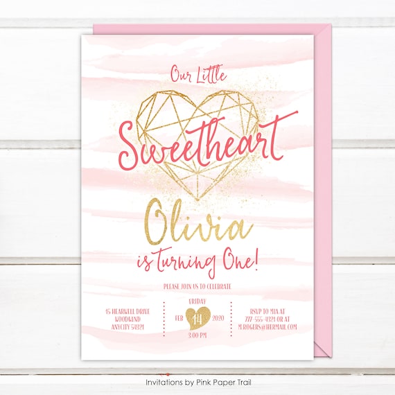 Heart Birthday Invitation, Sweetheart Valentines Birthday Invitation, Pink and Gold Hearts Birthday Invite, Personalized Digital Printable Il_570xn