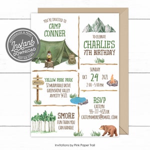 EDITABLE Camping Birthday Invitation, Camp Trail Outdoor Adventure Campsite Birthday Invite Printable Instant Access Invite v.2