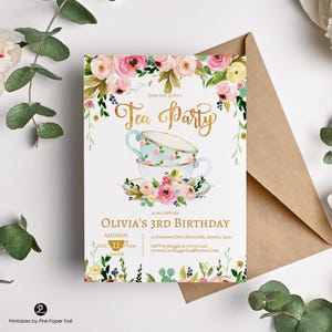 EDITABLE Tea Party Invitation, Tea Party Birthday Invite, Floral High Tea Party, Floral and Gold Tea Party Template Any Age Printable Invite Bild 2