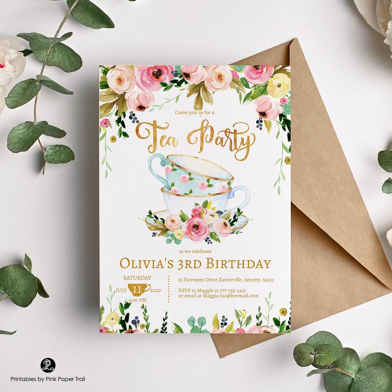 EDITABLE Tea Party Invitation, Tea Party Birthday Invite, Floral High Tea Party, Floral and Gold Tea Party Template Any Age Printable Invite Bild 2